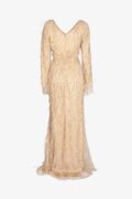 sand brown gown sequin embroidery ostrich feathers