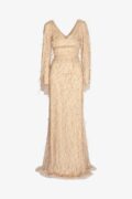 sand brown gown sequin embroidery ostrich feathers