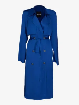 blue belted satin trench coat