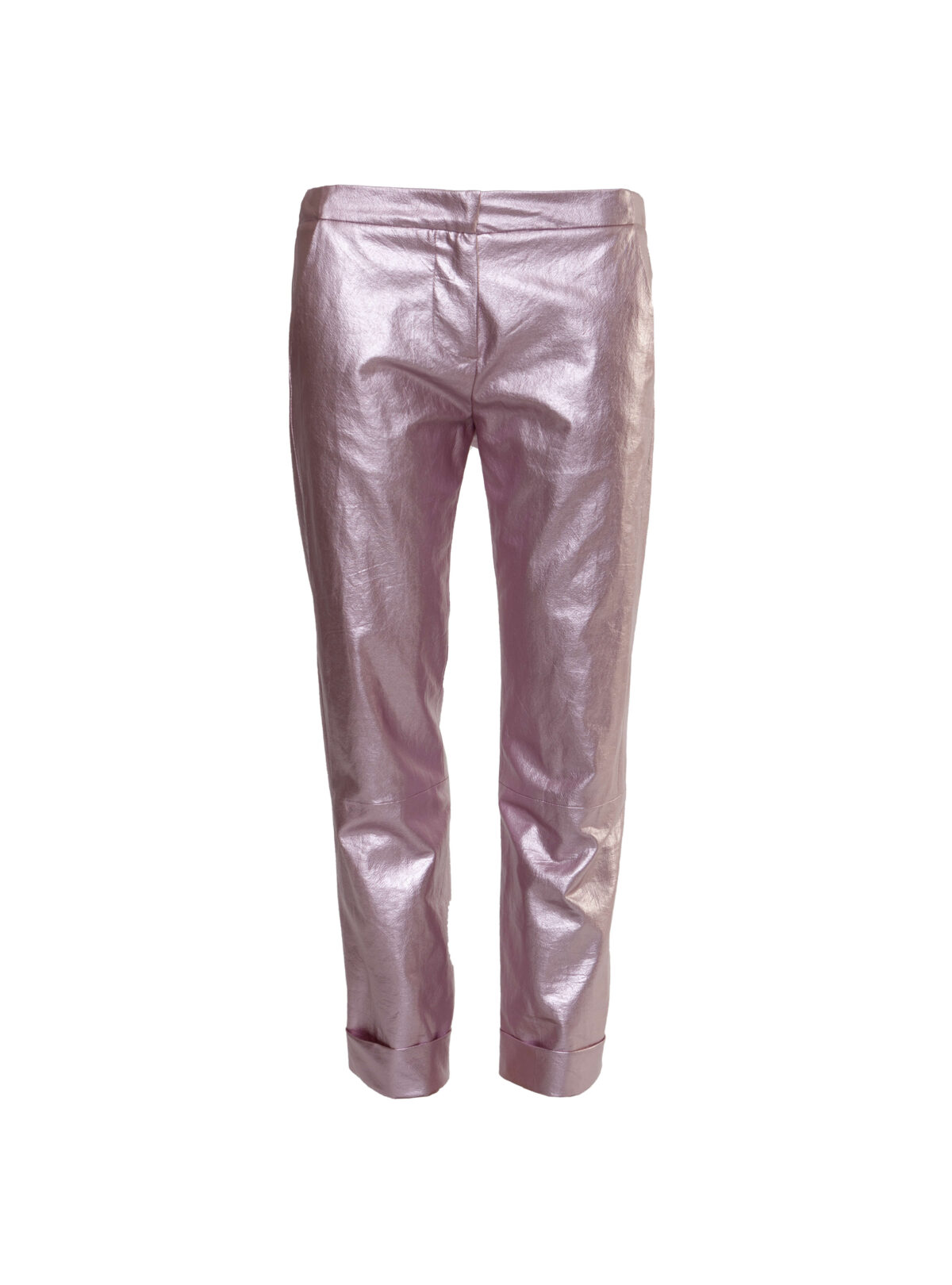 pantaloni din imitație de piele de culoare roz perlă